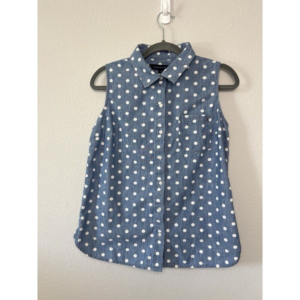 Tommy Hilfiger Women Medium Blue Polka Dot Chambray Sleeveless Button Down Shirt